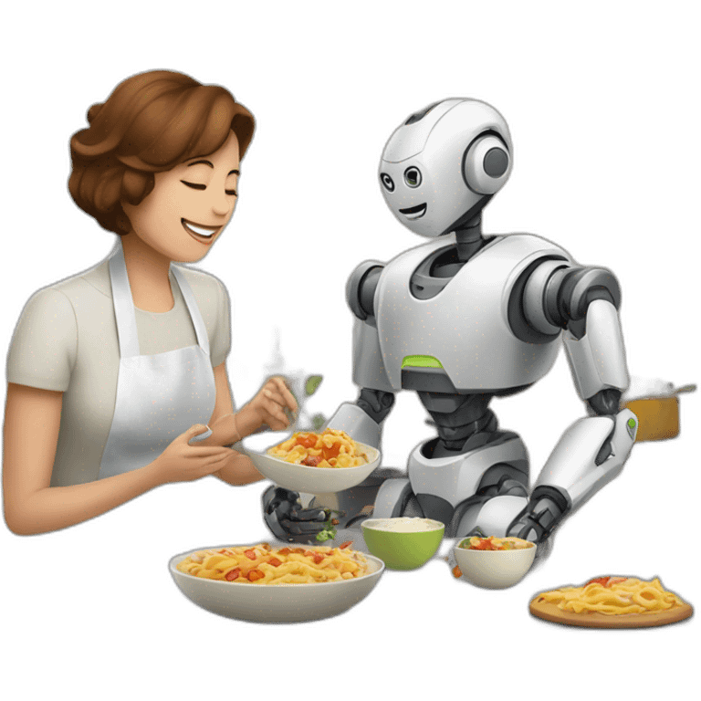 a robot play with a mom when he making food emoji