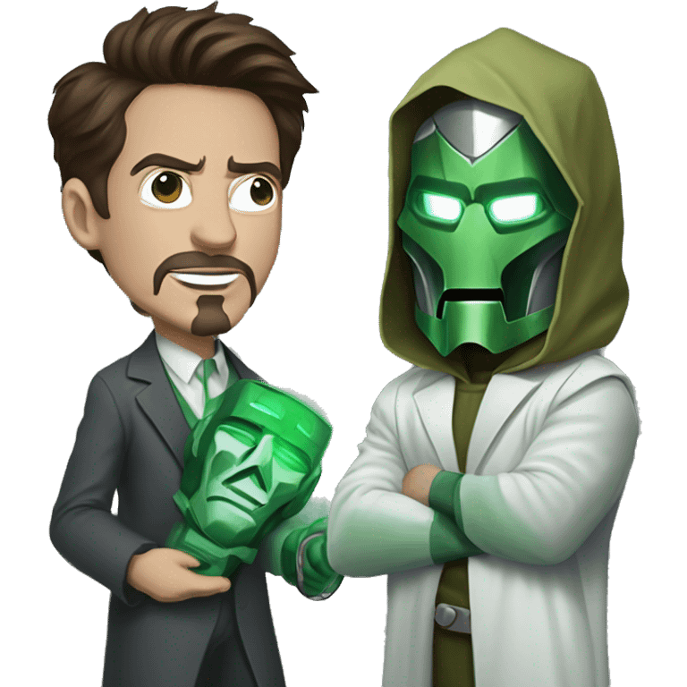 Robert Downey Jr. dressed as Doctor Doom and holding Doctor Doom masks emoji