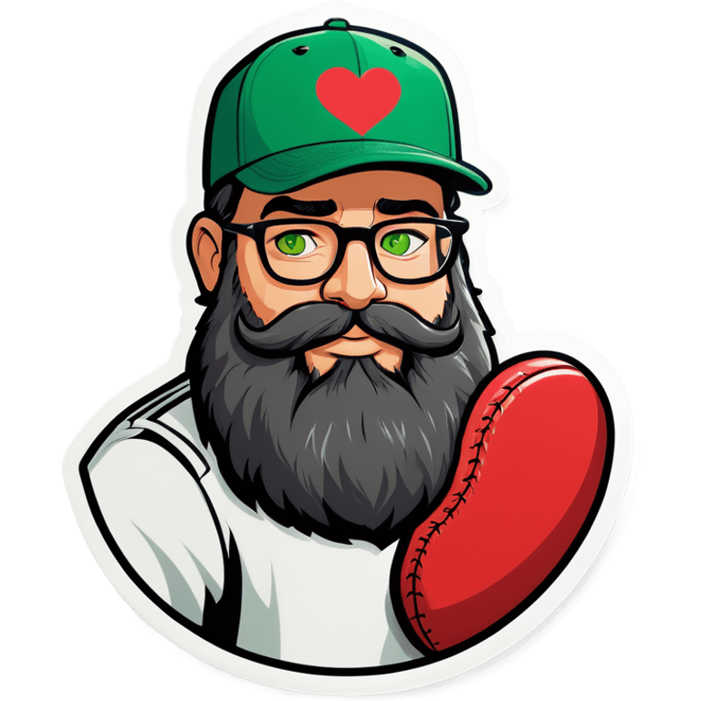 A bold man with a grey baseball cap, green eyes, big beard and glasses holding heart emoji