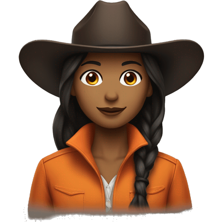 cowgirl straight dark brown hair, orange burnt coat, black hat emoji