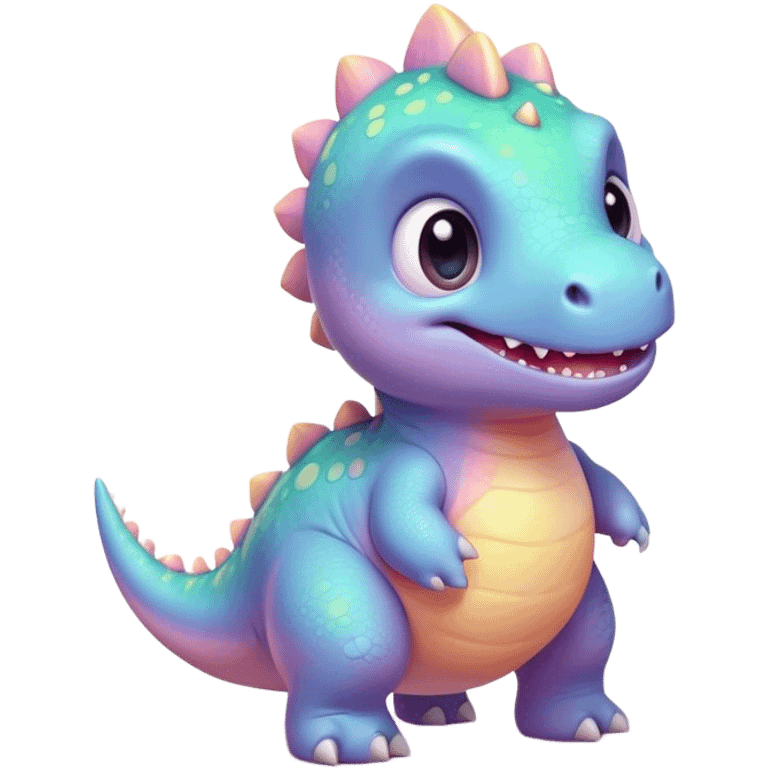 Cinematic tiny pastel dinosaur, chubby round body, tiny feet, big sparkling eyes, soft glowing colors, happy and friendly expression, radiating warmth. emoji