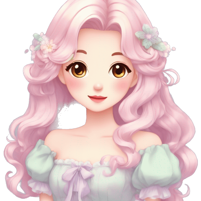 Gorgeous pastel anime style lady with blushing face and a dress cottagecore fairycore  Kawaii anime colorful pearly romantic simplistic aesthetic trending style emoji