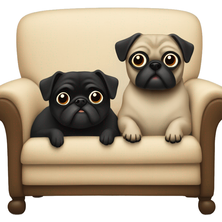 Two pugs , one beige , one black, all cozy lounging on the couch emoji