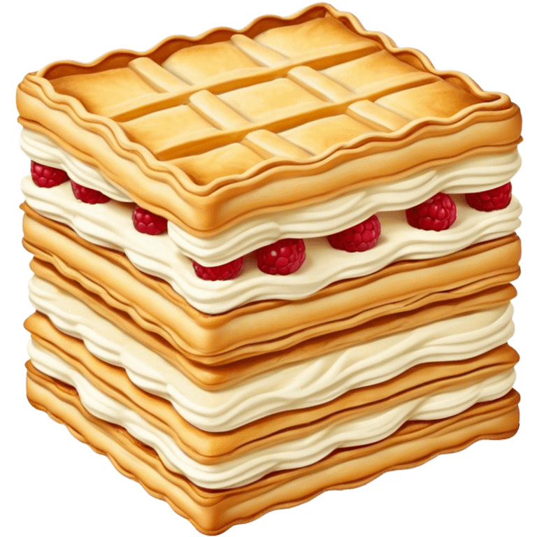 Mille-feuille Cinematic Realistic Mille-Feuille Dessert Emoji, depicted as a delicate pastry composed of two crisp layers of puff pastry with a rich cream filling, rendered with intricate textures and elegant, soft lighting. emoji