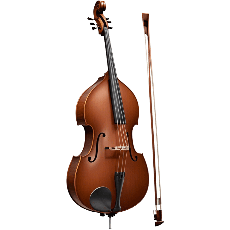 Create an elegant and detailed emoji representing a Gliga Gama double bass with bow. The design should showcase the large, sleek body of the double bass with its rich wood finish, including the characteristic curves and deep tone holes. The bow should be elegantly positioned next to the instrument, highlighting the hair and smooth wooden stick. Use warm wood tones like chestnut brown for the body of the bass, silver accents for the fittings, and dark brown for the bow. Add subtle musical notes or sound waves flowing from the bass to represent its deep, resonant sound. The background should be transparent. emoji