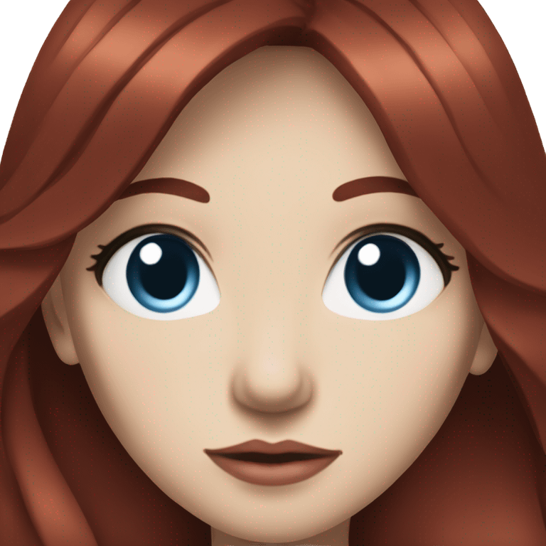 woman with pale skin, blue eyes and long dark red hair with layers and bangs, wearing a white top and silver jewellery emoji