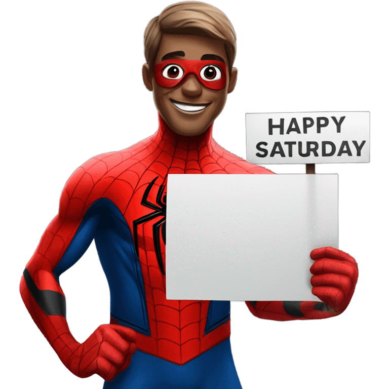 Spider-Man with a sign that says happy Saturday emoji