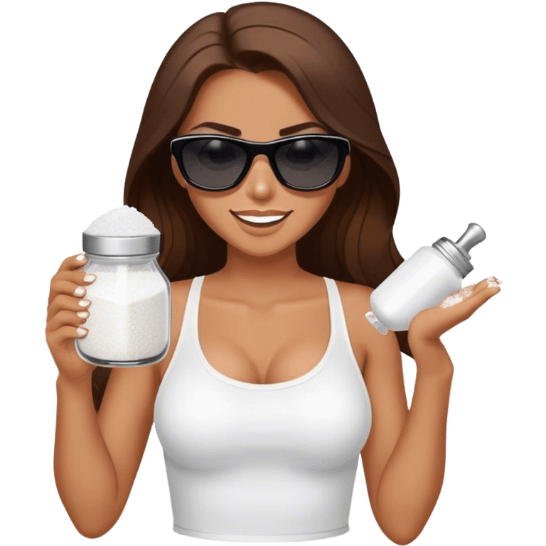 sassy woman with long brown hair, tan skin, and dark sunglasses holding a salt shaker filled with white table salt. She is sprinkling the salt out from the shaker with a smirking expression emoji