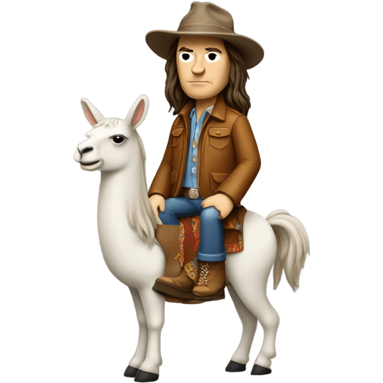 Neil young from the 70’s riding a llama emoji