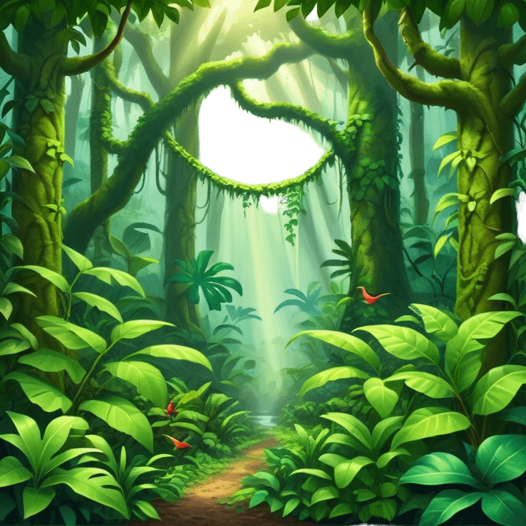 Cinematic Realistic Rainforest Emoji in a wooden frame, Lush and vibrant, filled with towering trees, thick vines, and dense green foliage, sunlight filtering through the canopy above, creating dappled patches of light on the rich, diverse undergrowth. The air is heavy with moisture, with mist rising from the forest floor and distant calls of exotic birds and animals echoing through the trees. Soft glowing outline, capturing the essence of a thriving, untamed tropical paradise filled with life! emoji