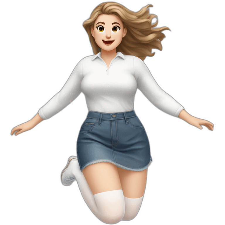 realistic full body caucasian curvy beauty jumping short transparent skirt back and front views strong wind white knickers long white socks emoji