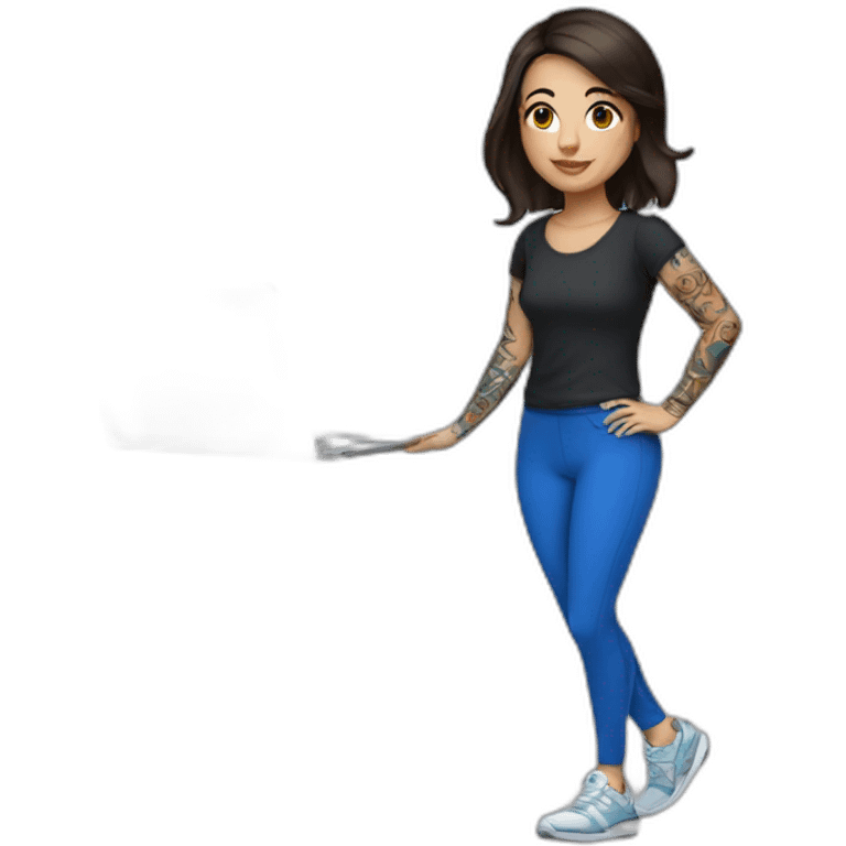 Short brunette, leggings, blue walking shoes, tattoo sleeve, laptop emoji