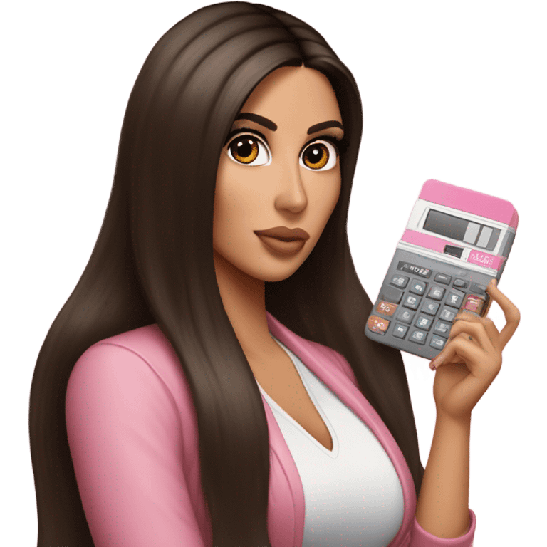 Hyper realistic kim kardashian with long straight brown hair holding a small pink calculator in her hand emoji