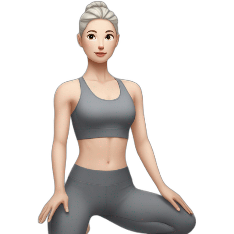 Pale skinned fit woman In a gray tight yoga suit and wristbands With black hair in a bun doing yoga emoji