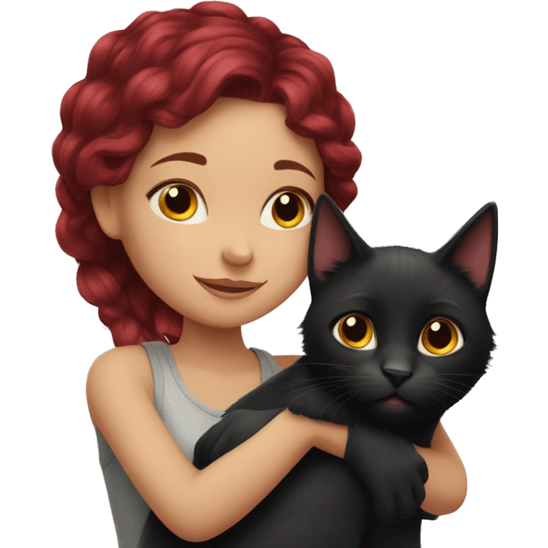 realistic girl with burgundy hair hugs a black cat emoji