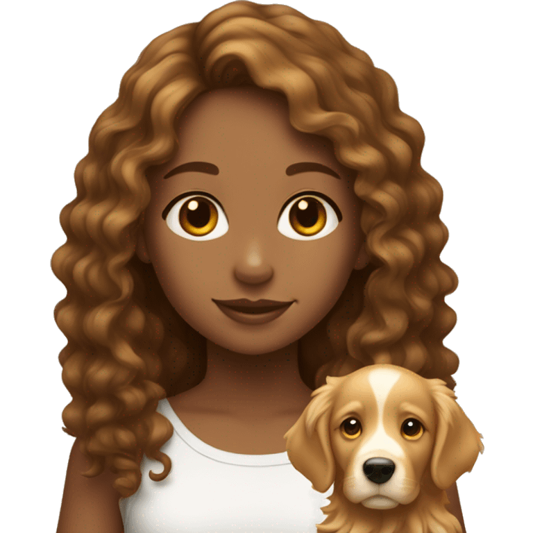 Tan skinned girl with  long brown curly hair with a golden retriever puppy emoji