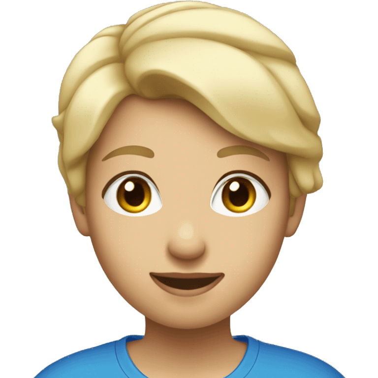 blonde girl short hair wearing blue t-shirt with apple logo emoji