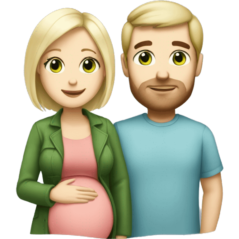 Pregnant blonde with a bob and green eyes with brown haired husband with blue eyes emoji