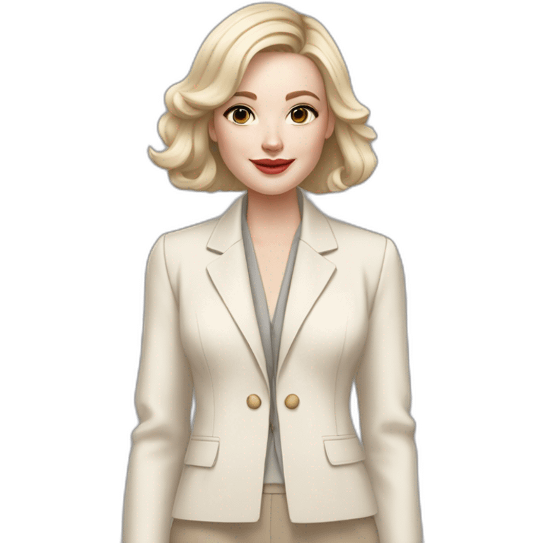 pale skin woman with ash blonde Straightened bob Hair, White Spacious classical jacket, beige palazzo Arrow pants and gray blouse holding a color palette in the hands emoji