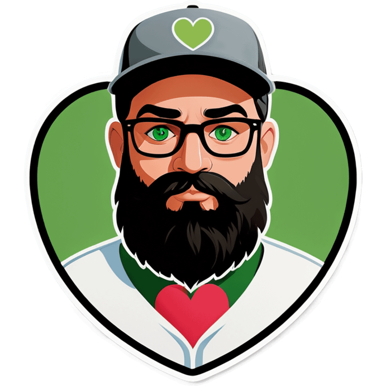 A bold man with a grey baseball cap, green eyes, big beard and glasses holding heart emoji