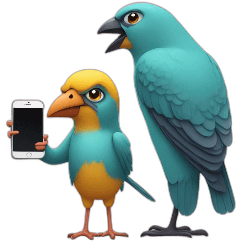 A bird with a phone in hand and with his mom scolding her emoji