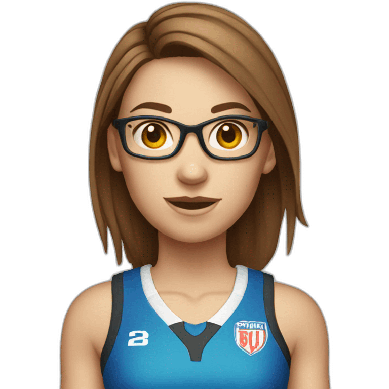 single caucasian female netballer with brown hair, glasses, skirt and ball emoji