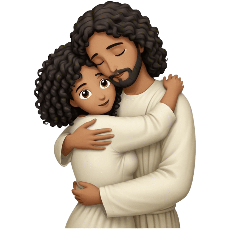 Jesus hugging woman black curly emoji