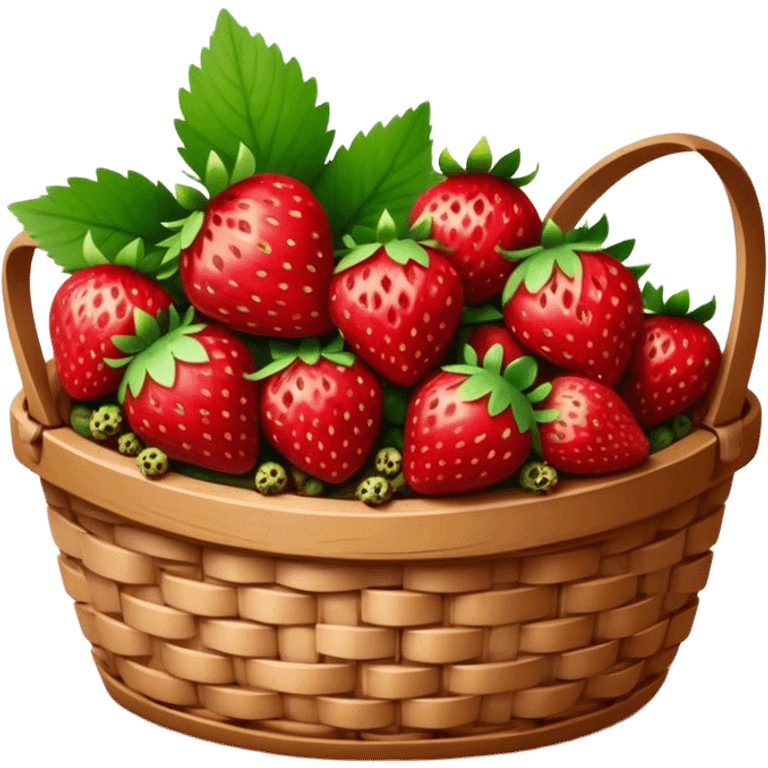 Cinematic ripe strawberrie, deep red, glossy with tiny seeds, green leaves still attached, gathered in a rustic basket, warm glowing background, fresh and sweet. emoji