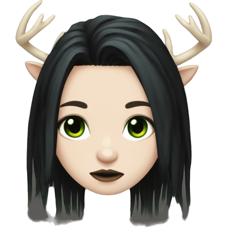 gothic girl, pale skin, green eyes, black dreads, bangs, black clothes, eyeliner, deer antlers  emoji