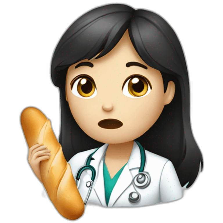 doctor girl with dark hair crying tears eating french baguette emoji