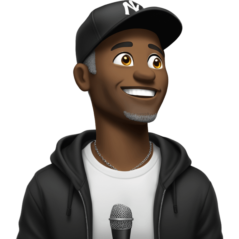 Middle-Aged Black Male In a black hoodie and NY cap, he holds the mic close, gazing upwards with a bright smile. His casual style and confident look capture the spirit of urban music. emoji