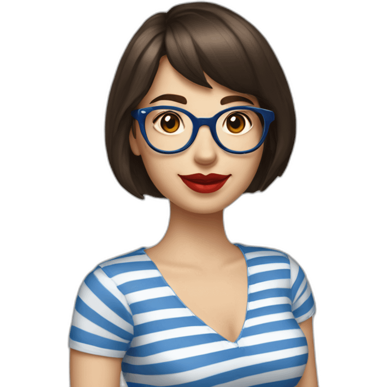 caucasian woman with retro glasses, dark brown hair, a bob haircut, bangs, red lipstick, blue and white striped t shirt emoji