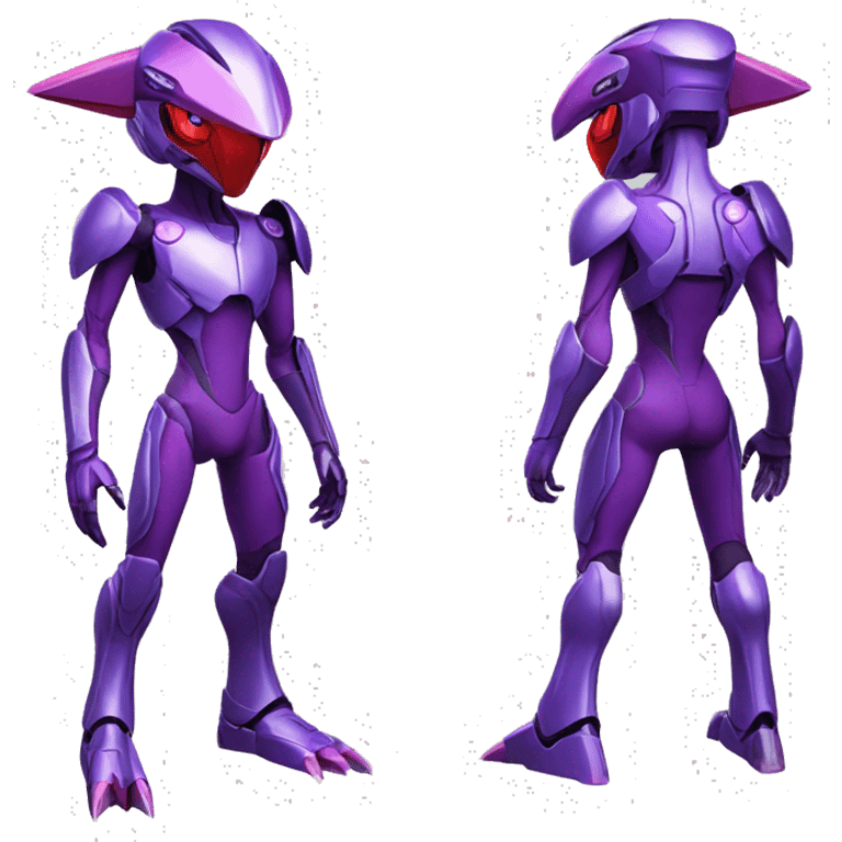 a shiny purple-red Genesect-Raptor-Fakémon—hybrid with a futuristic visor-helmet full body emoji