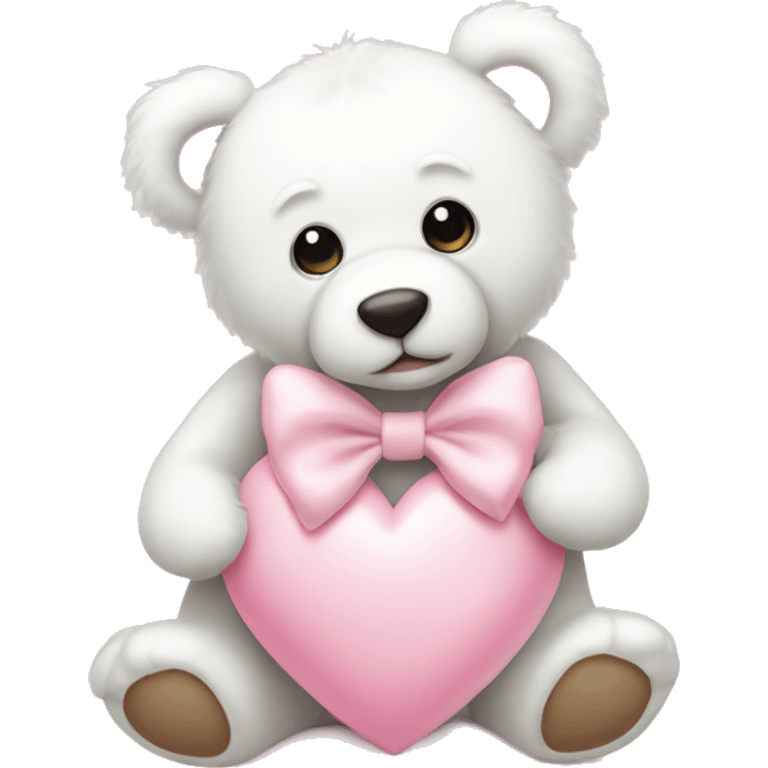 White teddybear with a bow sitting on a baby pink heart  emoji