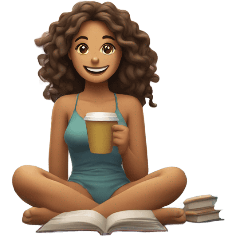 satisfied happy girl, relieved face with books in bed, a coffee, a bikini on emoji