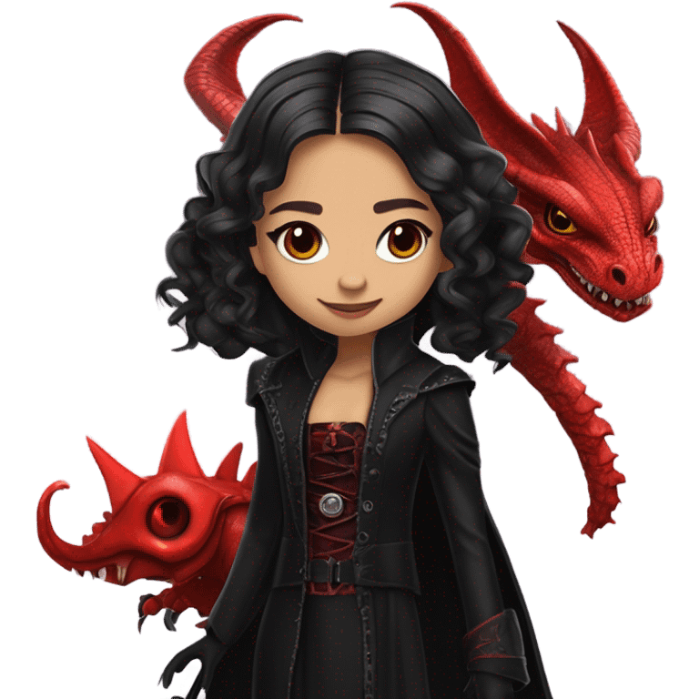 surprised Lavish Victorian black evening gown with gloves, Jenna Ortega as Addams girl Jedi wearing a steampunk mini tiara, very large blood red evil-looking horned dragon emoji