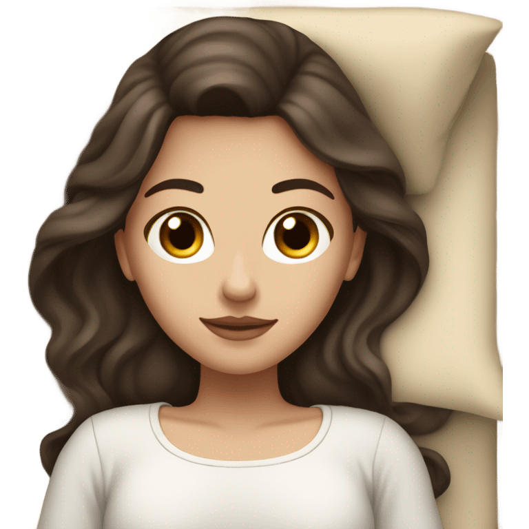 white girl with long dark brown hair in a bed with beige comforter emoji