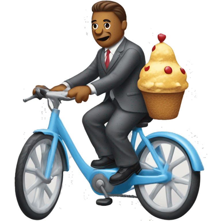 Un hombre con un helado montado en una bicicleta con traje d pollo emoji