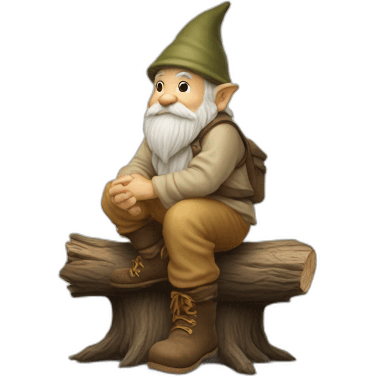 side view of gnome with light tan pants and boots squatting on top of small brown log emoji