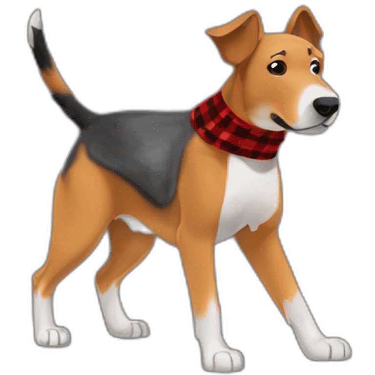 adult 75% Coonhound 25% German Shepherd mix dog with visible tail wearing small pointed red buffalo plaid bandana full body walking left quickly emoji