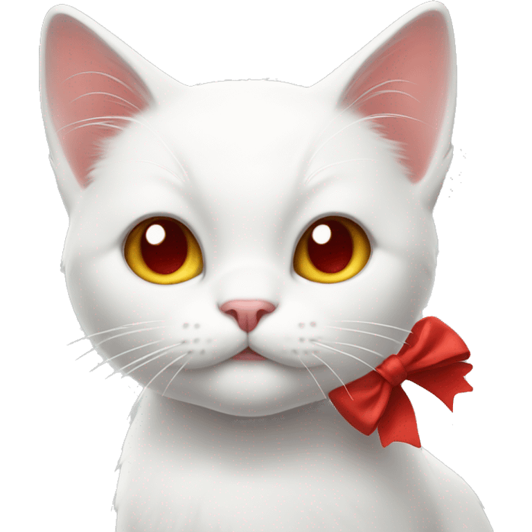 white cat with a red bow and a raised paw emoji