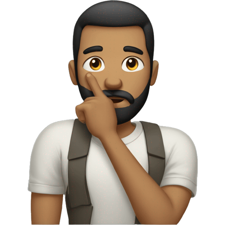 A guy with his finger in his mouth making the silence sign, black short hair, beard emoji