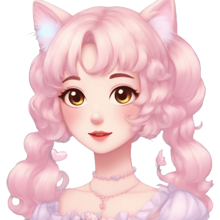 Gorgeous pastel anime style lady with blushing face and cat ears cottagecore fairycore pastelcore colorful pearly romantic simplistic aesthetic trending style emoji