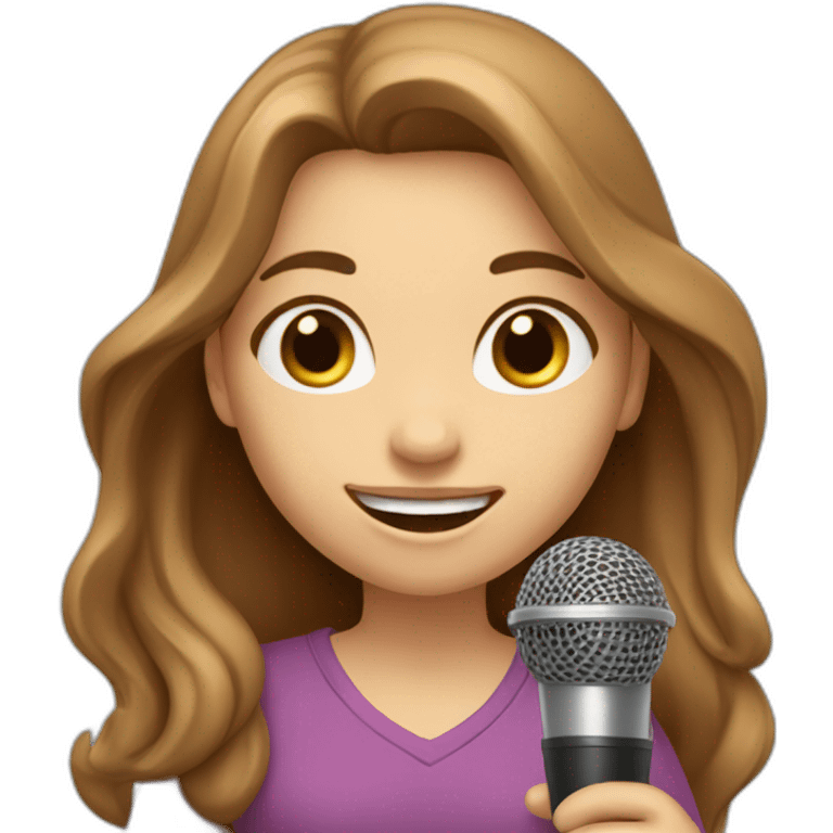 Caucasian girl with long Brown hair holding a michophone singing happy emoji