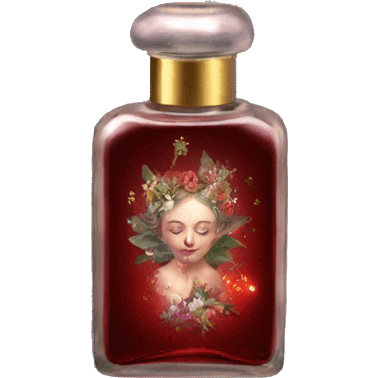 Dark red magic fairy light sparkling old Antique oil perfume bottle with herbal and flowers emoji