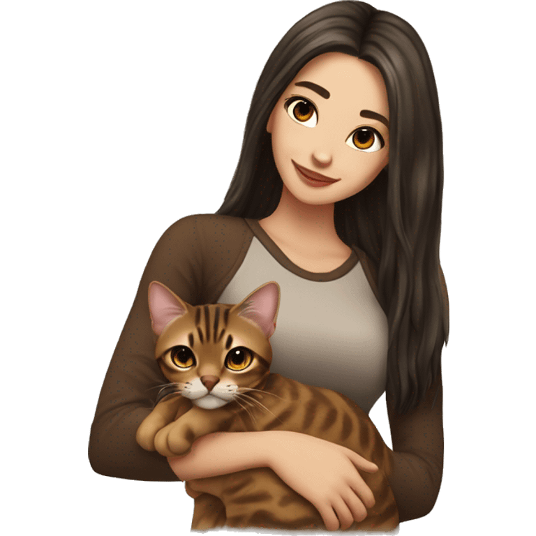 Beautiful woman long dark brown hair hug bengal cat emoji