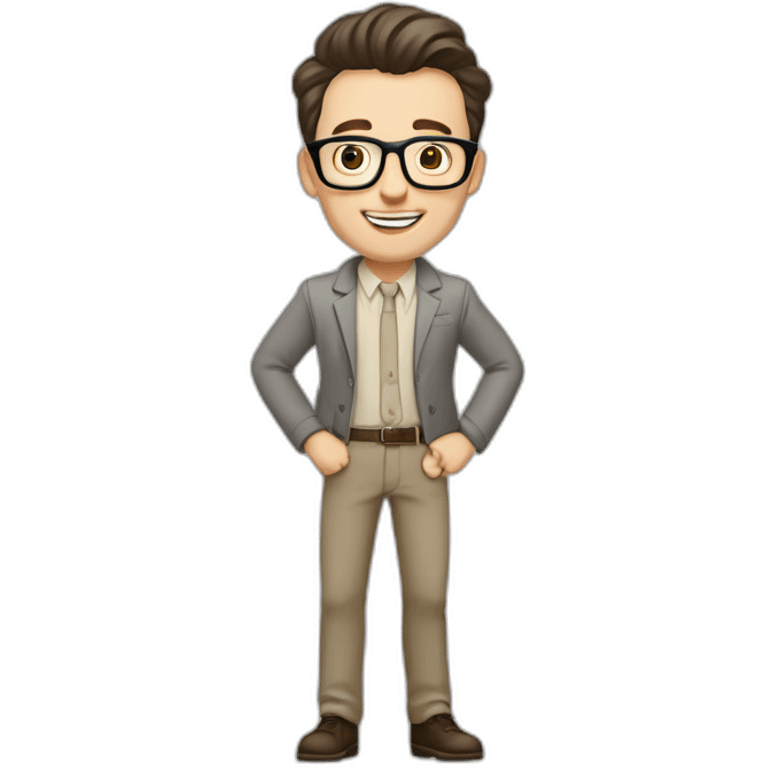 Joyful Full height Pale skinned Fit Man With dark brown hair in gray jacket, beige office shirt, Brown pants and vintage glasses. His thrumbs up emoji