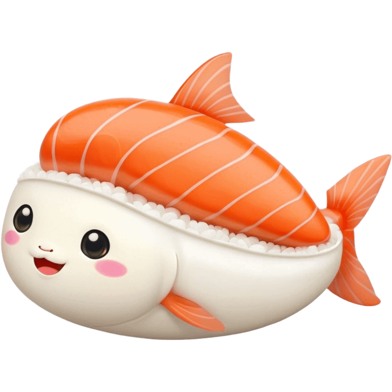 Cute Kawaii Nigiri Sushi, plump and happy, a soft white rice pillow topped with bright orange salmon, tiny blushing cheeks, big round eyes, a joyful floating expression! emoji