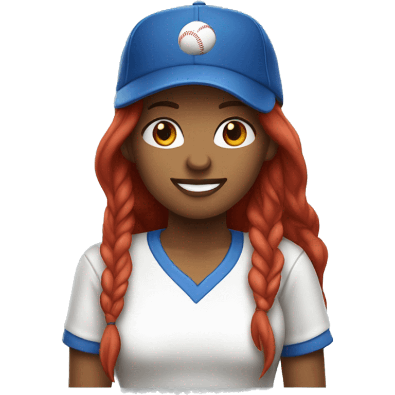 front facing standing up female coach with long red hair, wearing a white t-shirt and a simple baseball blue hat emoji