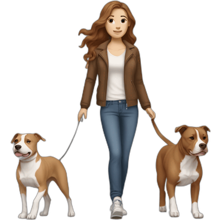 White woman with long wavy brown hair walking tan and white pitbull emoji